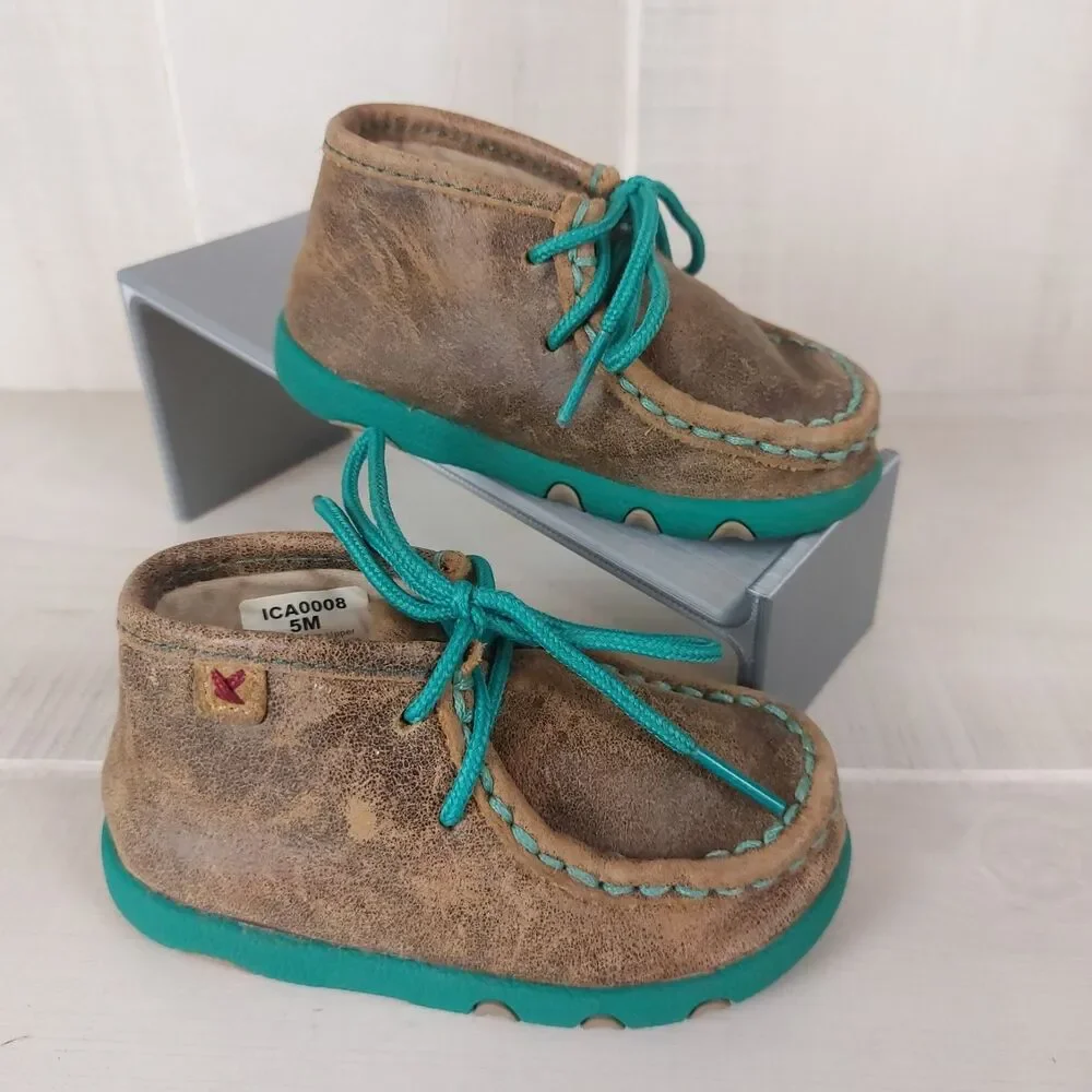 Twisted X Infant Bomber Driving Mocs Size 5M Brown Teal Accents Leather